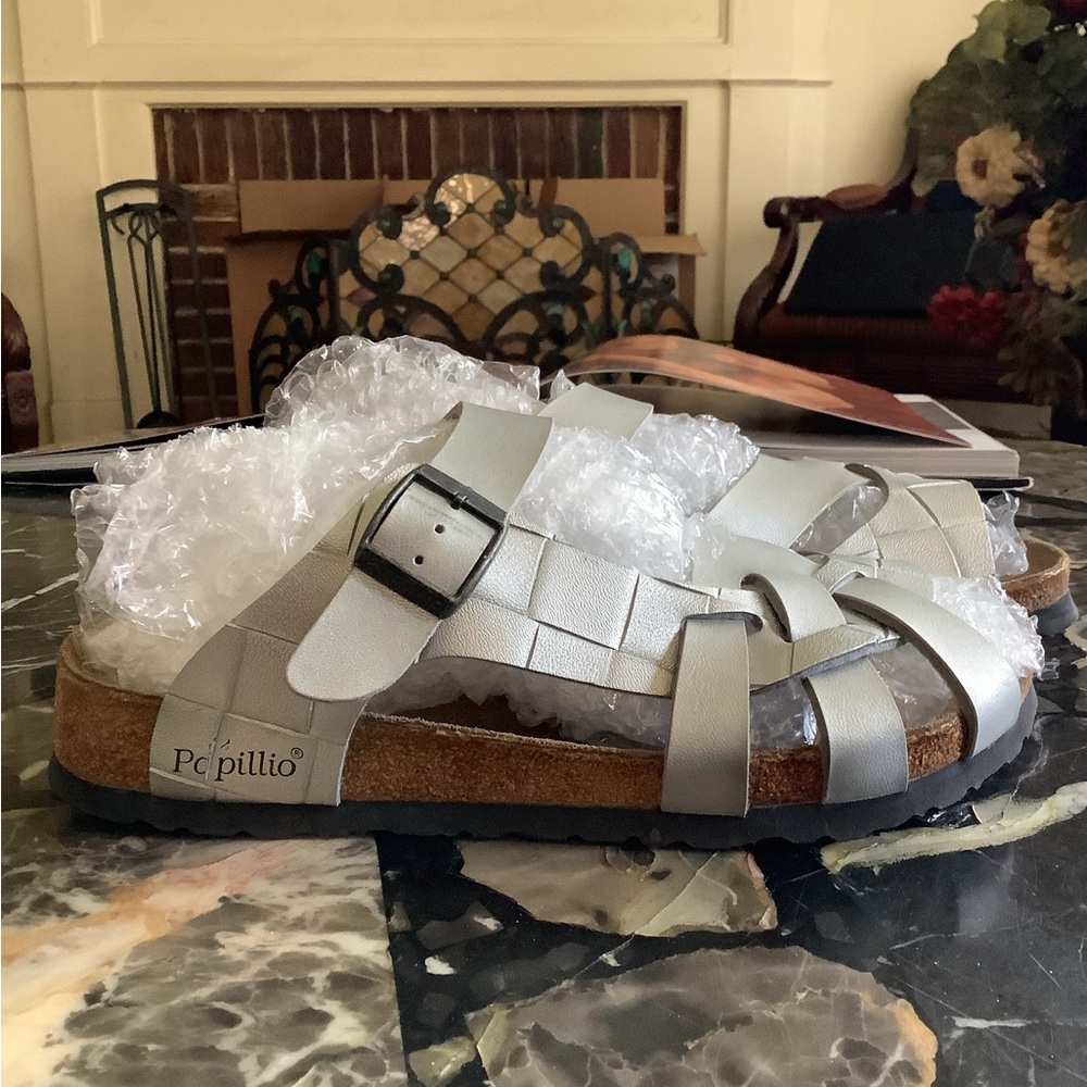 Birkenstock papillio Pisa silver leather sandals size 6